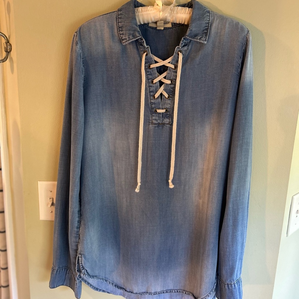 Cloth and Stone Chambray Tunic Boho tie up, long sleeve top Anthropologie, Med - Picture 9 of 11